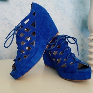 Office London Blue Lace Up Suede Wedges